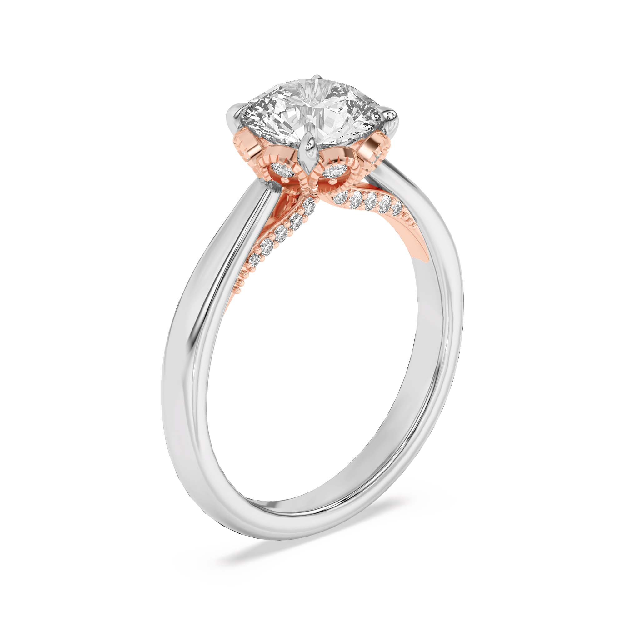 Platinum & Rose Gold 18k Roselle Petal Hidden Halo Engagement Ring